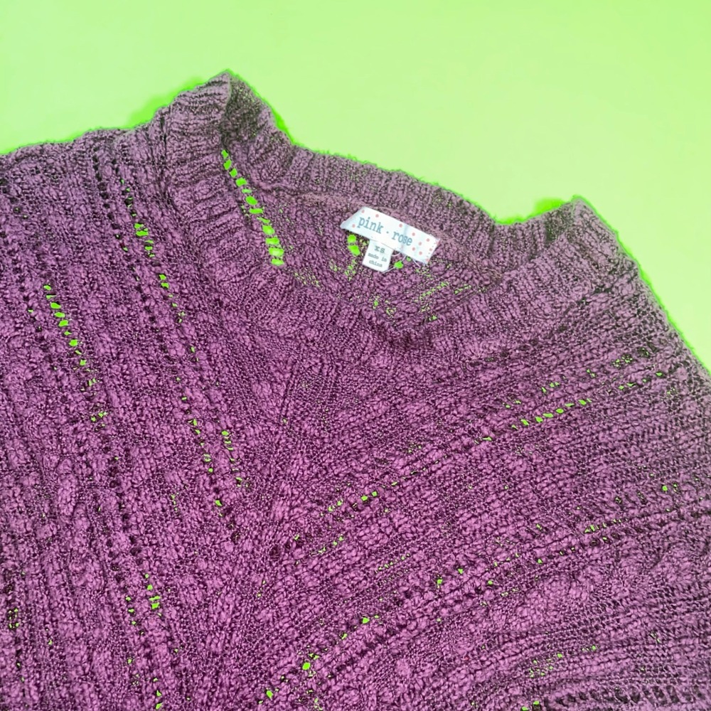 Pink Rose Womens Plum Purple Open Knit Chevron Long Sleeve Sweater XS